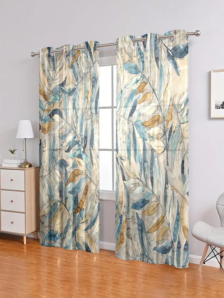 2 Pieces, Retro Art Plant Leaf Pattern Semi Blackout Curtains - Perforated Processing - Living Room, Bedroom, Home Decoration
