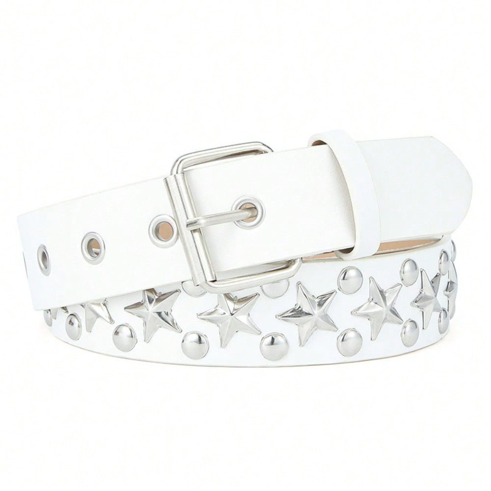 Nouvelle Mode Ceinture Polyvalente Rivet Étoile à Cinq Branches Ceinture Pantalon Européen et Américain Jeans Punk Ceinture Décorative 112CM blanc
