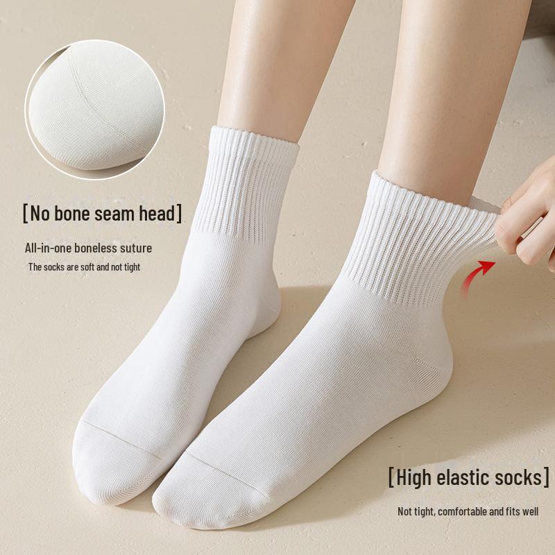 Zhuji Women's Antibacterial Cotton Socks - Spring/Autumn, Black/White, Mid-Calf, Seamless, Deodorant Xinjiang Cotton.