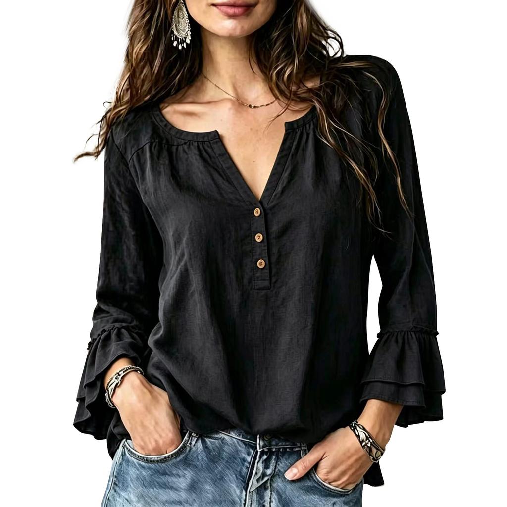 Women's Casual Loose Fit V-Neck Button Ruffle Long Sleeve Blouse