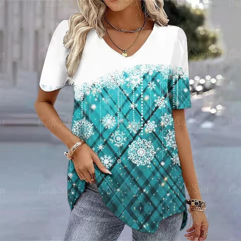 Weihnachtsthema 3D-Druck Damen T-Shirts Kurzarm Tees Fröhlich Lustig Mode Damenbekleidung V-Ausschnitt Übergroße Pullover T-Shirts
