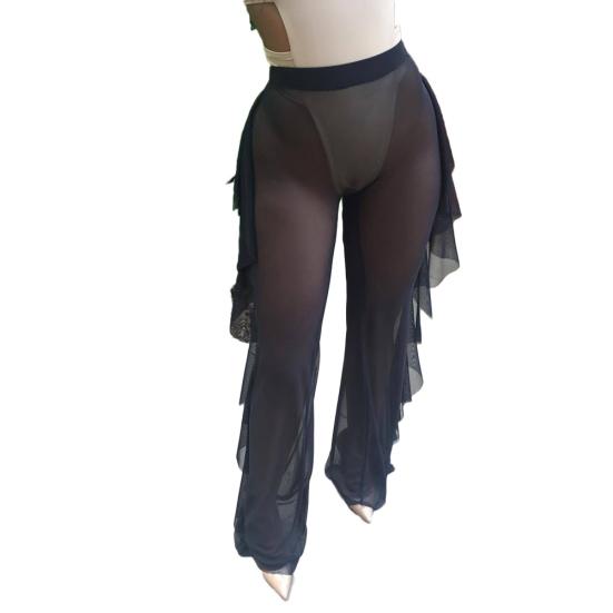 Sexy Damen Mesh Durchsichtig Seite Rüschen Locker Strand Lange Hose Clubhose