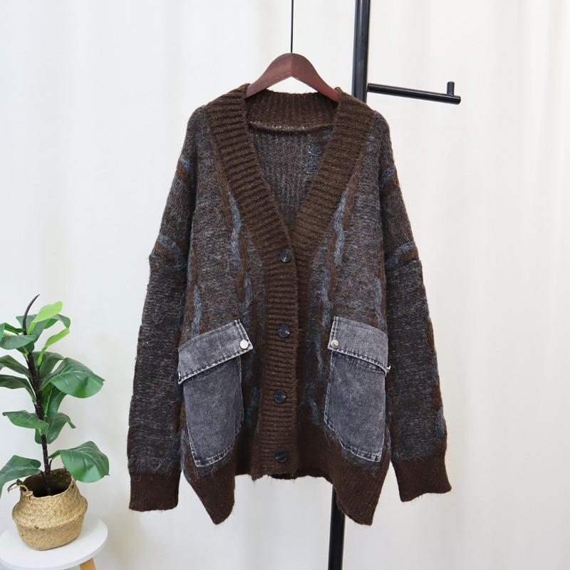 Autumn and Winter Splicing Pocket Denim Knitted Cardigan Women's Loose Lazy Style Versatile Sweater Jacket Thick
