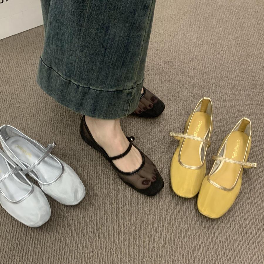 Niche design sense breathable mesh gold single shoes women's shoes 2025 summer new French beautiful ballet shoes