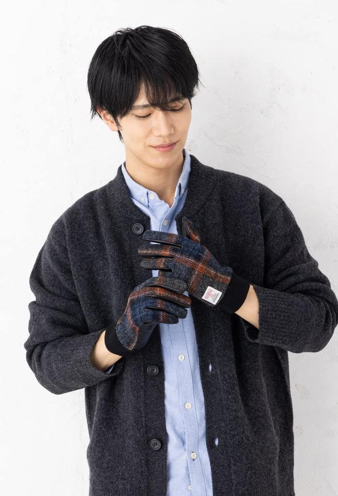 Sleeping Sheep Harris Tweed Leather Combination Smartphone with Orange CK Men's Gloves, Compatible, Fleece-Lined, 24cm, Case, (with Cuffs)