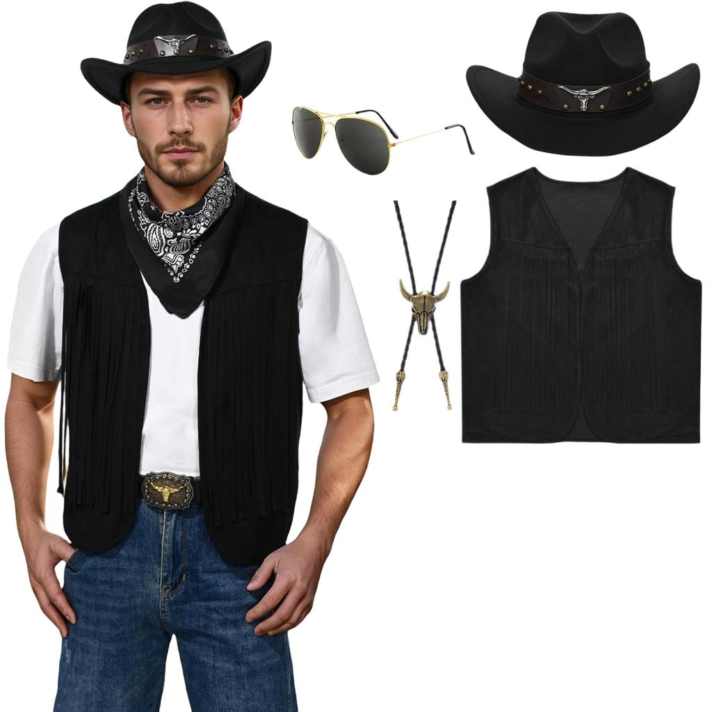 Men's Costume Set with Fringed Vest Hat Belt Bandana 6-Piece Outfit for Halloween Party