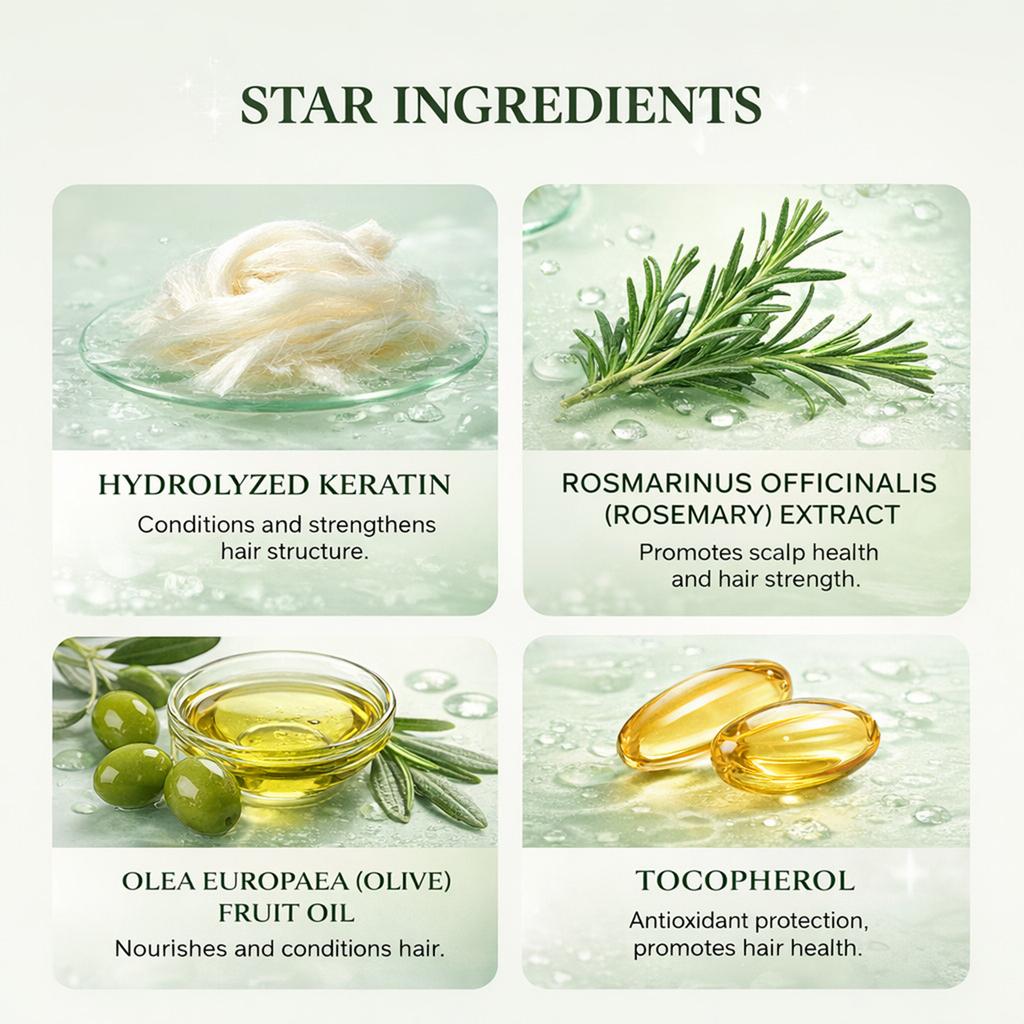 Bio šampón s rozmarínom na vlasy - s hydrolyzovaným keratínom, zahusťujúci, dodávajúci objem, redukuje lámanie & dodáva lesk, 200 ml