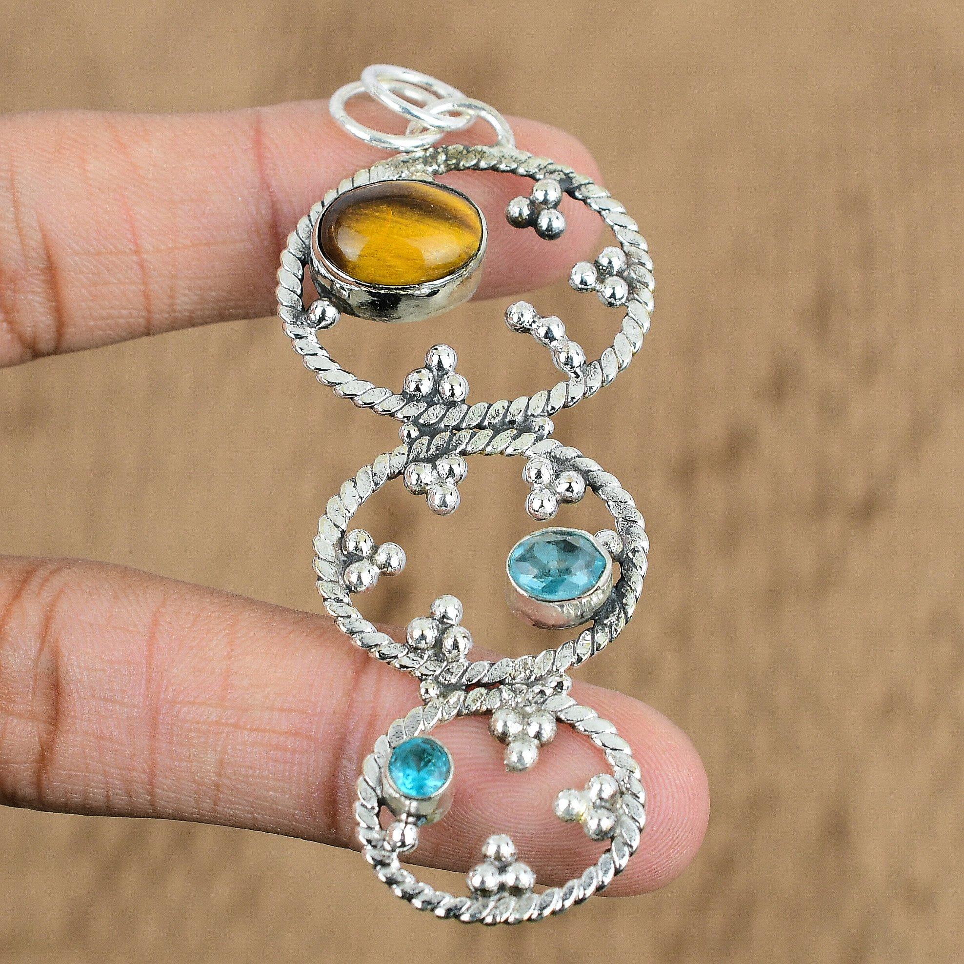 

925 Sterling Silver Oval Natural Tiger s Eye Swiss Blue Topaz Pendant Jewelry