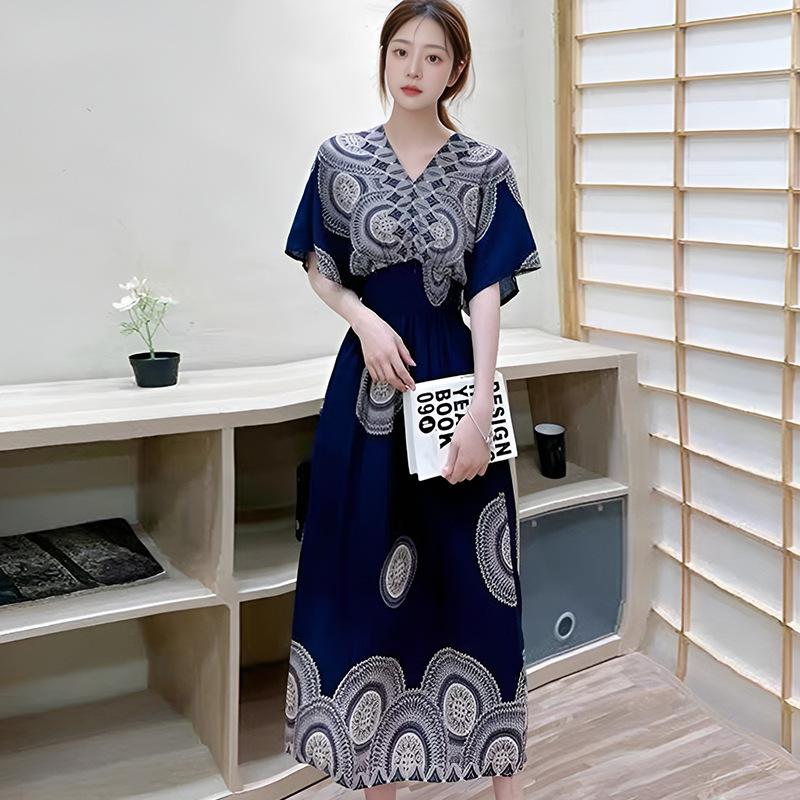 Ethnic Style V-neck Cotton and Silk Short-sleeved French Thai Style Dress for Women's Summer Printing Pastoral Style Skirt for Vacation Wear