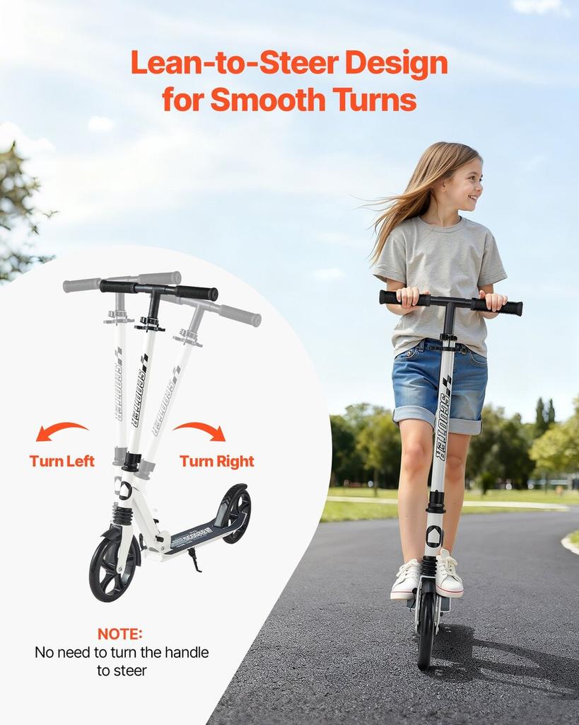 Kick Scooter for Kids Ages 8+, Teens & Adults, 2-Wheel Toddler Scooter with Adjustable Height Handlebar, Wide Anti-Slip Deck, Foldable Lightweight for