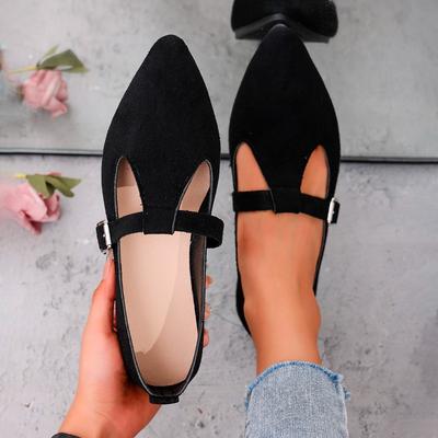 Flache Einzelne Schuhe Herbst Neu Spitz Kuhveloursleder Ein Riemen Weiche Sohle Rutschfest Abriebfest Niedrig Geschnittene Schuhe