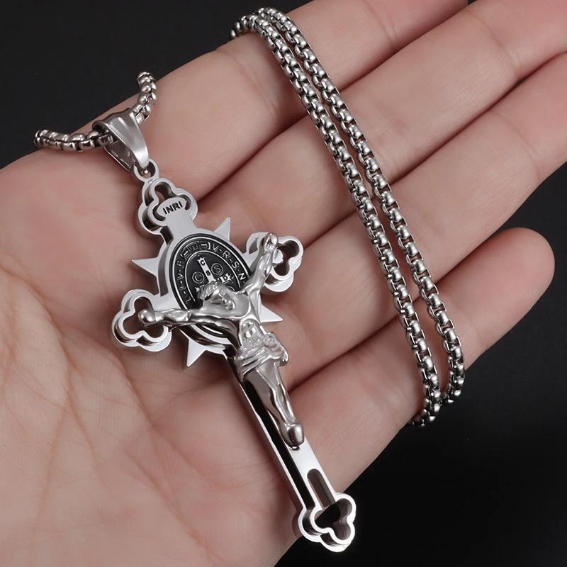 Saint St. Benedict Jesus Cross Pendant Necklace Men and Women Religious Christian Catholic Amulet Stainless Steel Jewelry