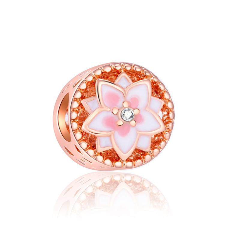 Fashion Rose Gold Plated Crystal Love Heart Flower Charms Bead Fit Original Bracelet Charm Pendants for DIY Jewelry Making