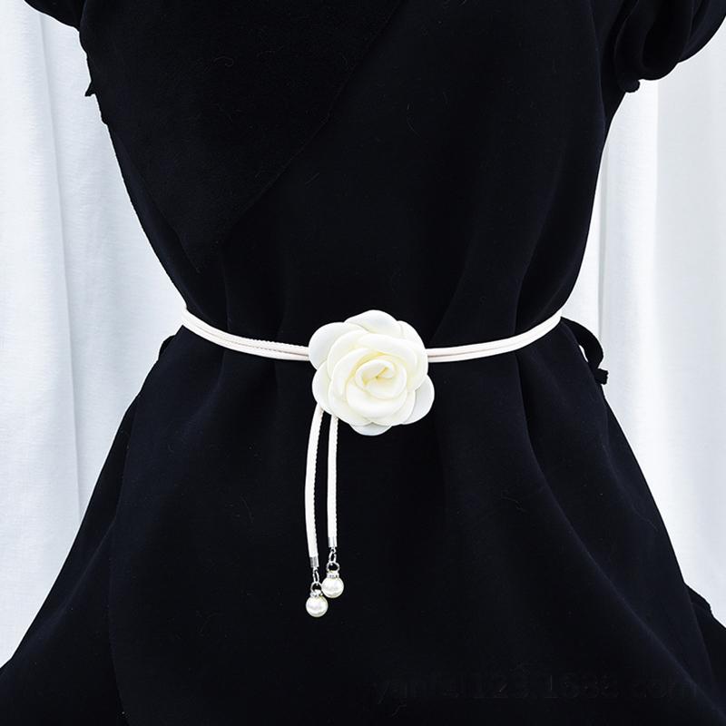Camellia Flower Leather Rope Waist Chain For Women Thin Belt Sweet Knot Waistband Fashion Clothes Dress Decorative Girdles Strap