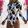 Women Plus Size Blue White Printed High Neck Front Zip Long Sleeve One Piece Swimsuit