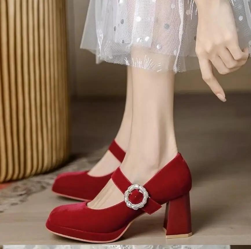 2024 New Red Maritjen Platform Waterproof Lolita High Heels Women's Chunky Wedding Shoes Single Shoes