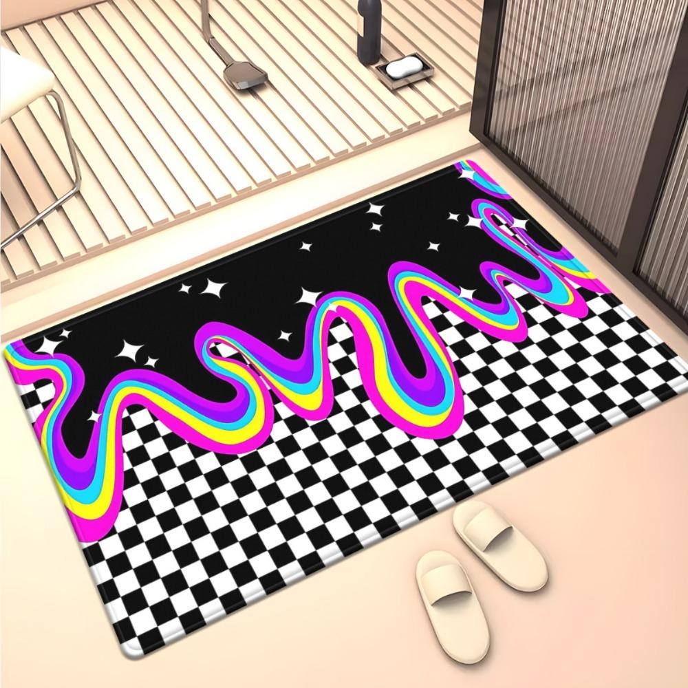 Artistic Rainbow Checkerboard Entrance Mat, Non-Slip Washable Floor Rug, Stylish Home Decor Carpet