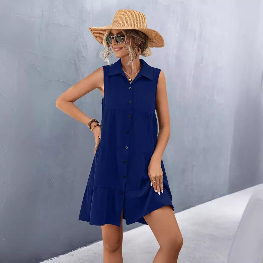 QICED Women's Lapel Patchwork Sleeveless Solid Color Dress