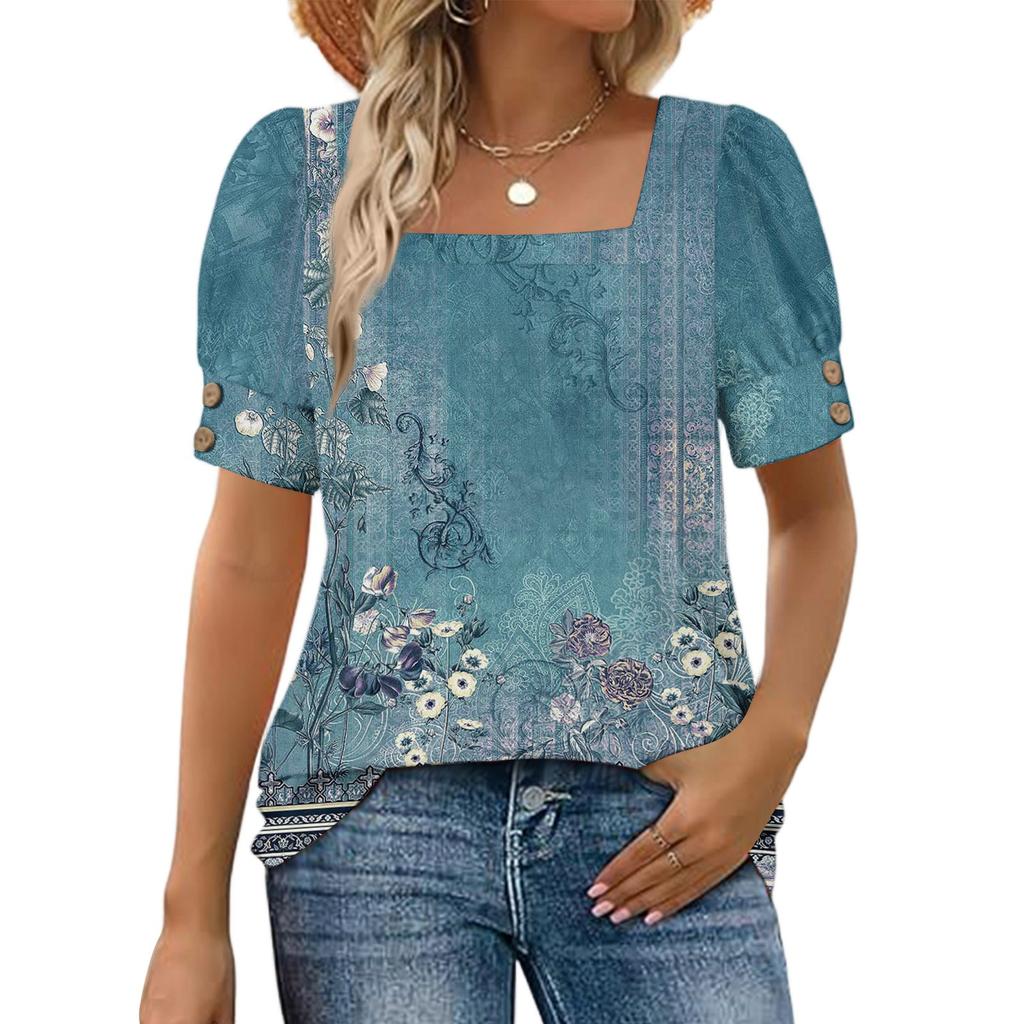 Women's Fashionable Casual Summer Retro Print Square Neck Button Short-sleeved Top