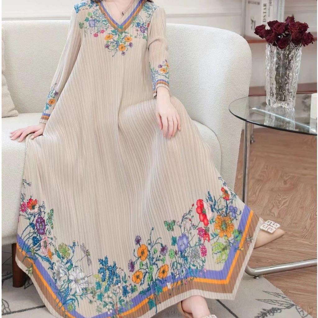 Women's Plus Size Dress Vintage Print Dress Ethnic Style Spring Summer A-line Pleated Stretch Maxi Dress
