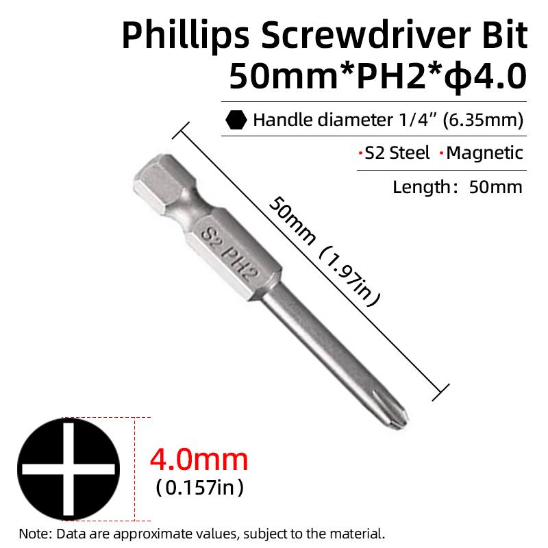 50mm Phillips Screwdriver Bit PH00/PH0/PH1/PH2 1/4” Hex Shank Magnetic S2 Steel Cross Head Screw Driver Bits Hand Power Tools