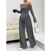 Elegant One-Shoulder Solid Color Two-Piece Set with Irregular Long Sleeve & Wide-Leg Pants for Women