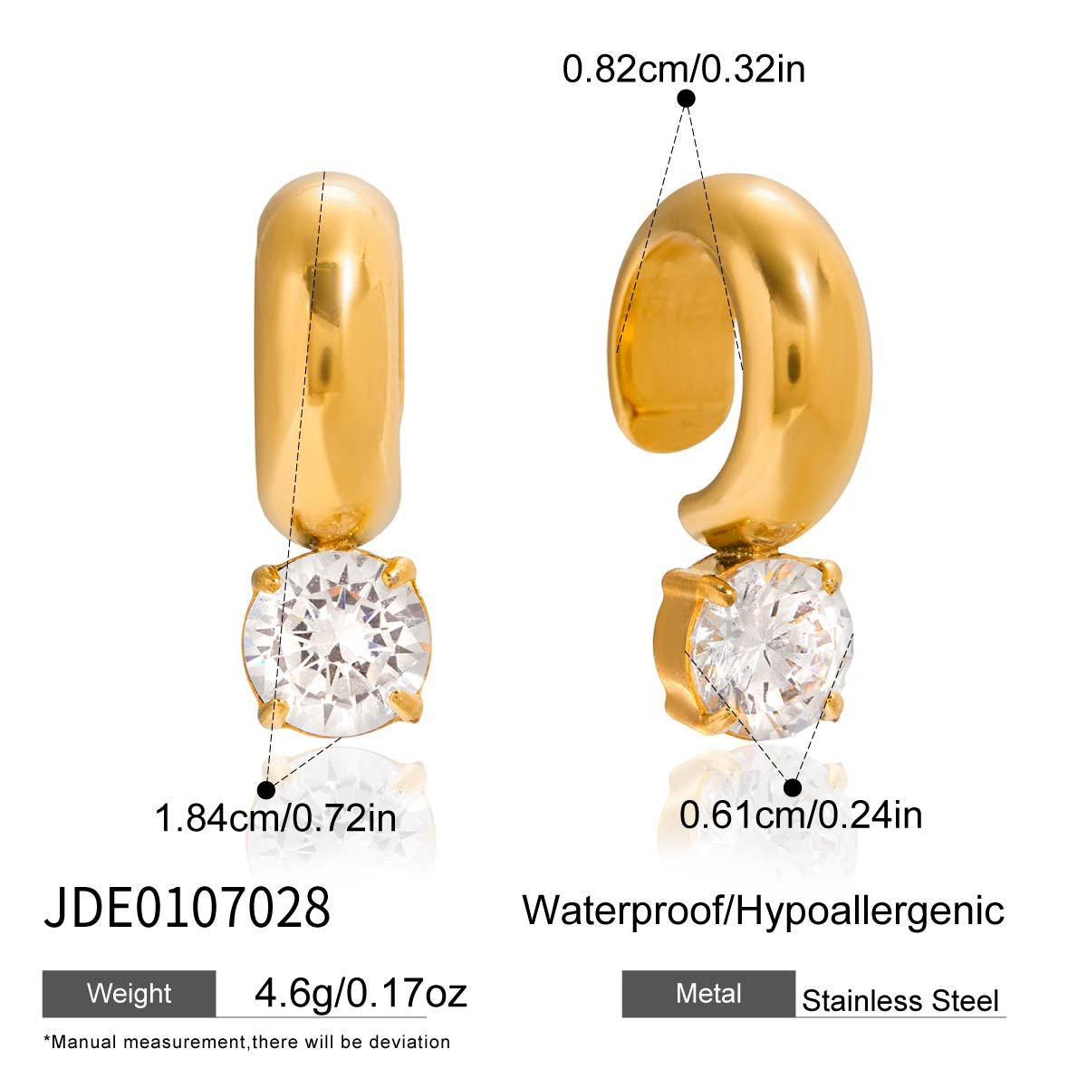 

Design sense 18K gold, round white zircon earclip earrings.