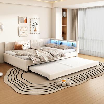 Sofa Bed 140x200 Cm Extendable LED Strip USB+Type-C Storage Compartment Slatted Frame Linen Bed Frame Without Mattress Beige