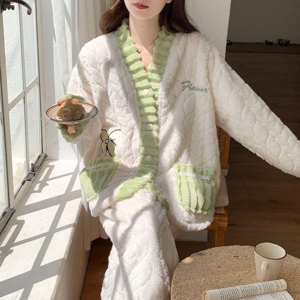 Women's Coral Fleece Pajamas - Warm, Thick, & Sweet Flannel for Fall/Winter, Wear Indoors/Outdoors