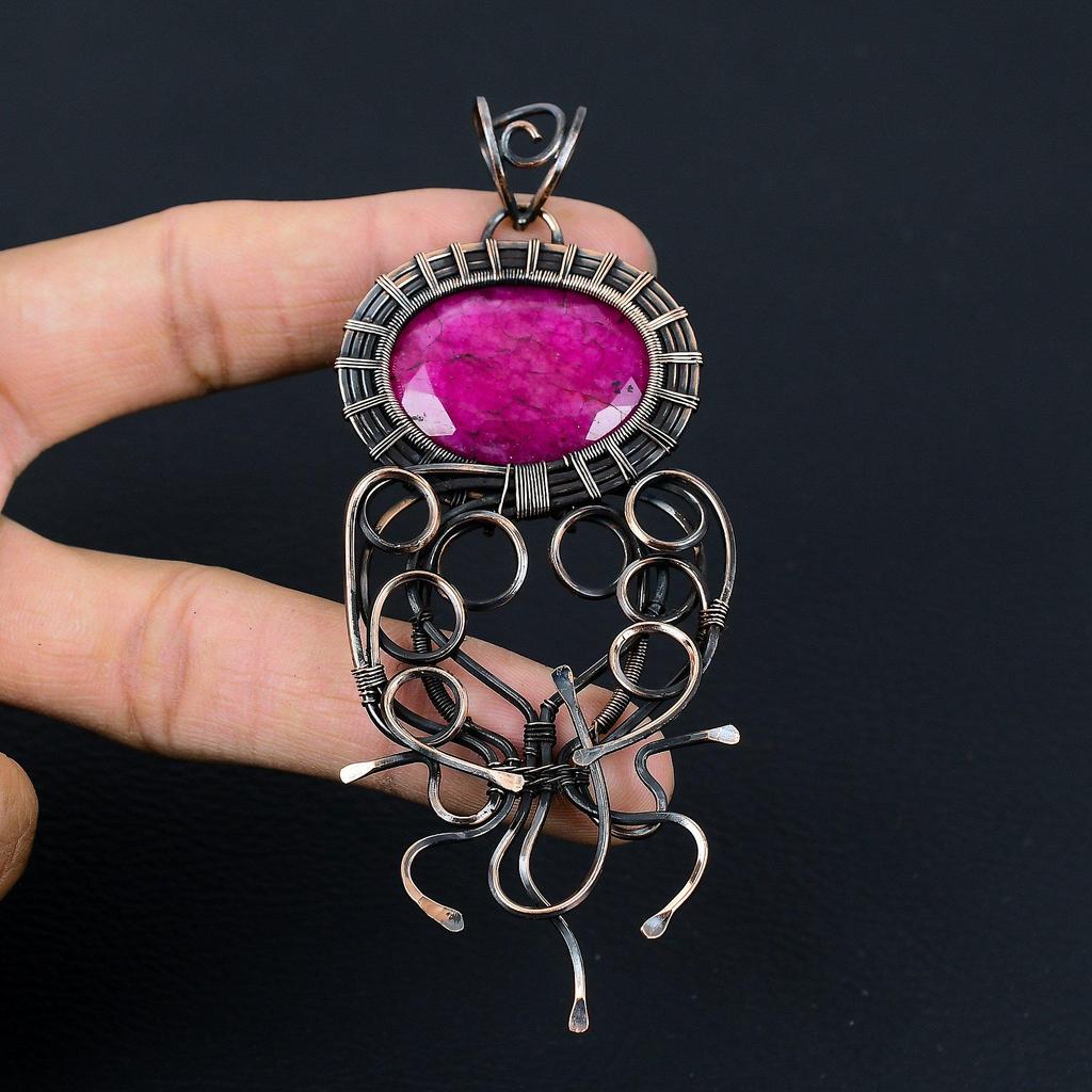 Lab-Created Ruby Gemstone Copper Wire Wrap Handmade Designer Pendant Jewelry Gift For Love