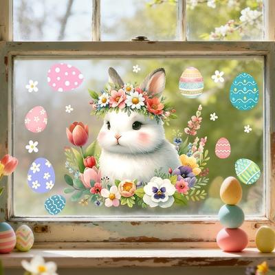 New Easter Flower Rabbit Sticker Self-Adhesive PVC Festival Party Sticker Waterproof Removable Wall Decal Window Decoration