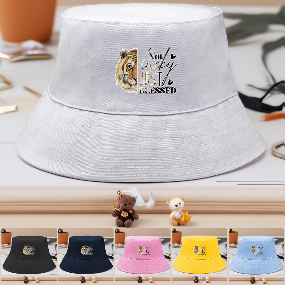 

Not lucky JUST BLESSED Print Bucket Hat , Vivid Tiger Head Text Faith Men s Cap Trendy Beach Casual Basin Hat as the picture чорний