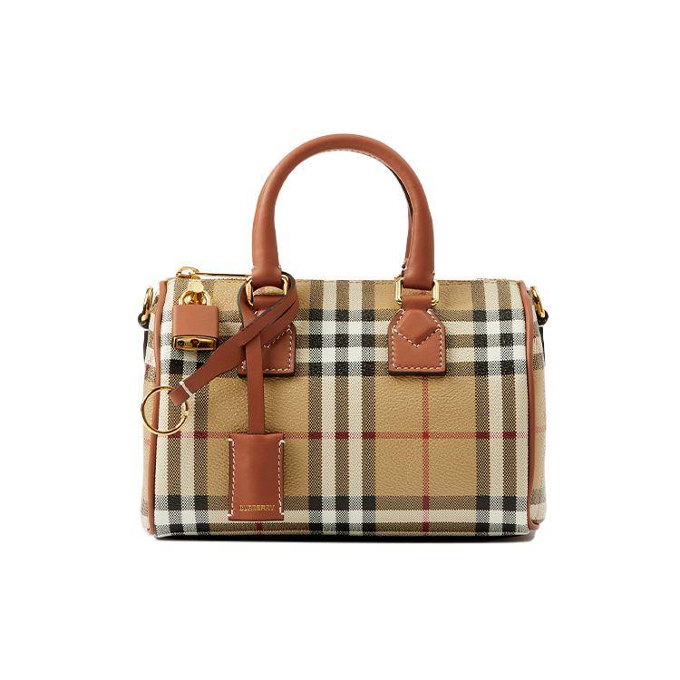 

Burberry Vintage Check Mini Bowling Bag, Luxury Leather Trim Padlock & Key Crossbody Handbag for Women, Daily Carry & Travel Use 80713571 Basic Set (Bag+Dust Bag)