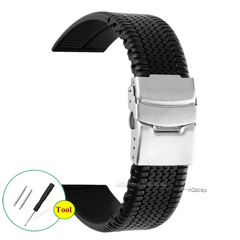 

20 22 24mm Soft Silicone Black Strap Tire Pattern Bracelet Waterproof Sport Rubber Watch Band Universal Metal Fold Buckle Band 20mm