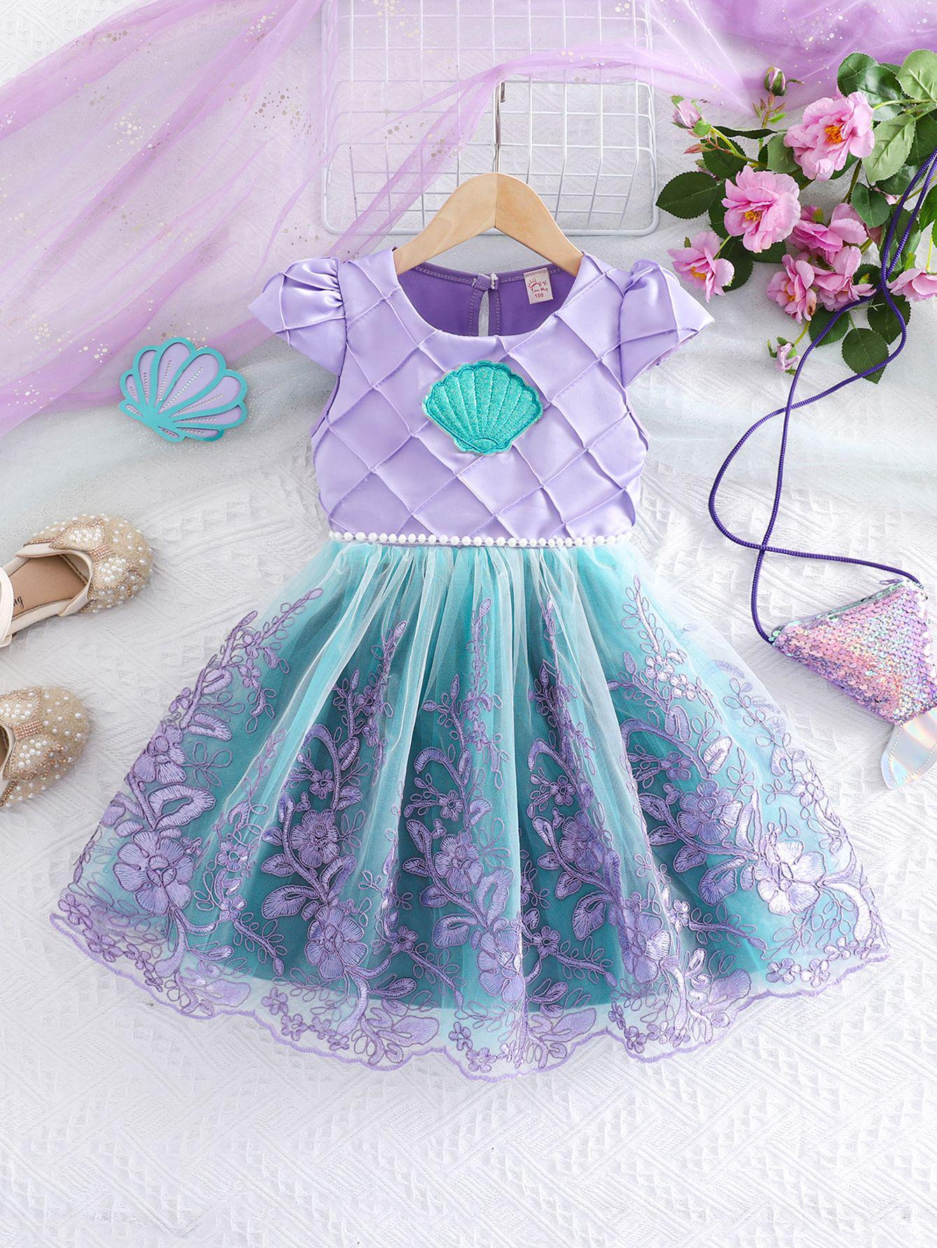 2025 Girls Purple Mermaid Flutter Sleeve Princess Dress with Bow & Embroidered Puffy Skirt 130cm (7Y)