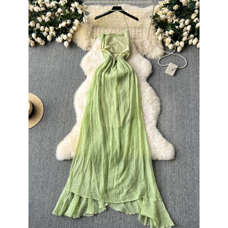 Seaside Holiday Sexy Halter Backless Dress Women's Summer Tight Waist Elegant Asymmetrical Ruffles Chiffon Dress