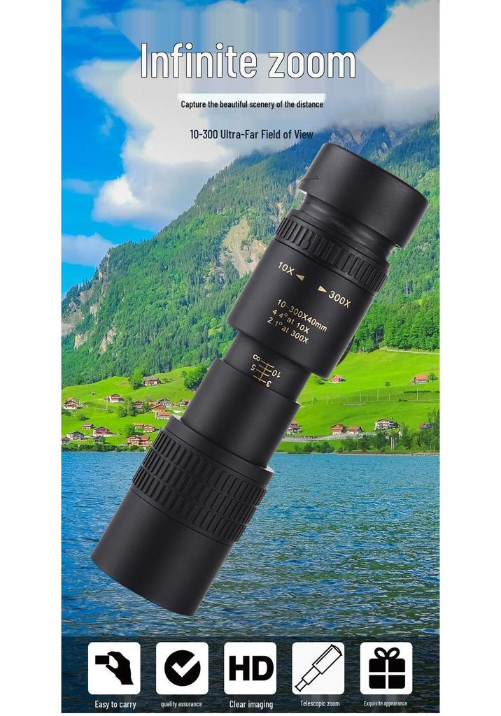 High Magnification 10-300x40 Zoom Monocular Telescope with Night Vision and HD Optics for Portable Outdoor Photography