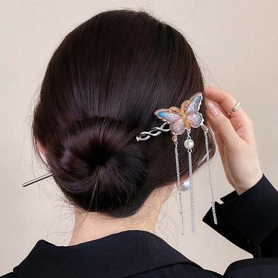 Haarstäbe mit Schmetterlingsquasten im chinesischen Stil für Frauen, Vintage-Metall, Haarnadel-Clip für Pferdeschwanz, Haarknoten, Kopfschmuck, Haarschmuck