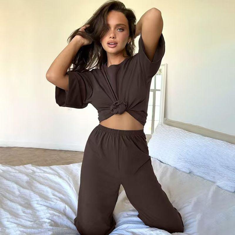 

Fashion New Arrival Loose Half Sleeve Shirt Pants Suit Homewear Loose Top and Pants Set Dark brown L