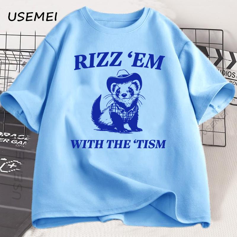 

Rizz Em with The Tism Ferret T Shirt Funny Romantic Autism Tshirt Silly Retro 90s Tshirt Cotton Short Sleeve Mens Clothes Tops 4XL