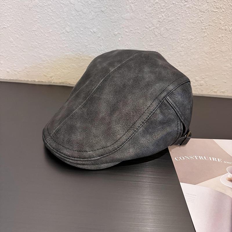 American Retro PULeather Plain Baker Beret Hat for Women Autumn Winter Unisex Beret Newsboy Cap Thicken Warm Duckbill Peaked Cap