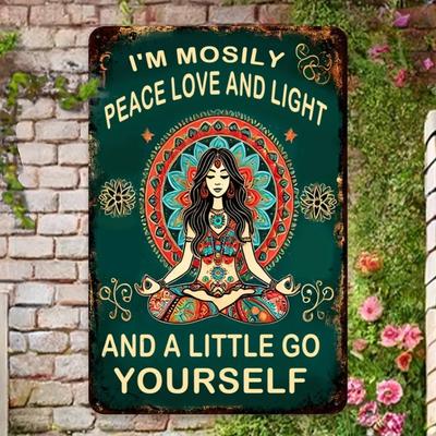 Poster Retro Hippie Yoga Lady "Pace, Amore & Luce" Arte Murale Vintage in Alluminio per Arredamento Casa