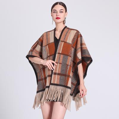 Autumn and Winter Fringe Shawl Cape Women's Plaid Cardigan Large Size Cape Scarf Tweed Jacket
