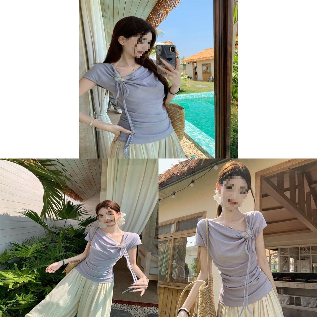 French Irregular Design Short Sleeve Butterfly Top With Embroidery For Summer Fashion