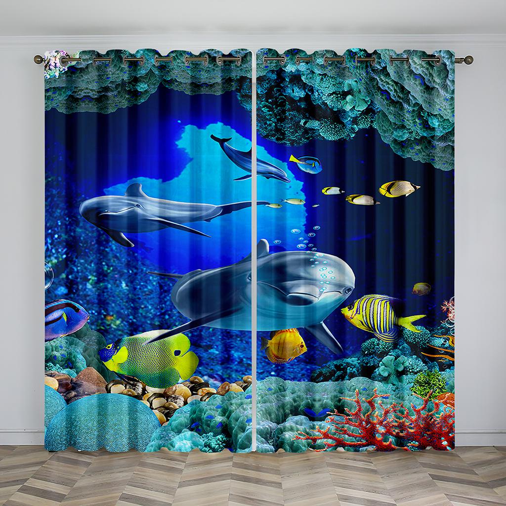 Rideaux style nautique sur le thème des dauphins, un ensemble de deux panneaux, présentant un paysage sous-marin avec des dauphins et de petits animaux marins Décor 50W60H(CM)X2PCS&Grommet Top