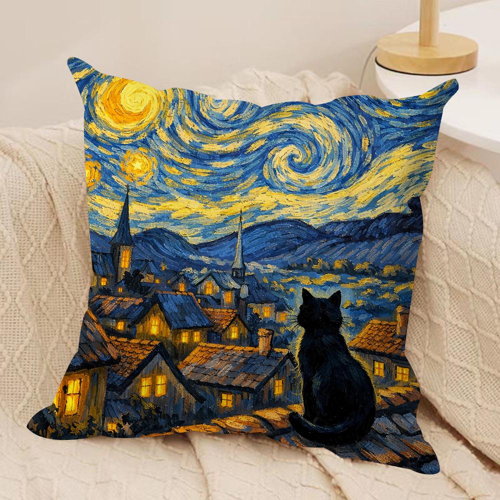 Van Gogh Starry Night Cat Cushion Cover Silky Short Plush Invisible Zipper Dustproof Sofa Pillow Case For Home Decor