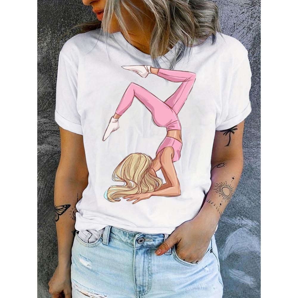 Yoga Girl French Bulldog Floral Graphic T-Shirt Fitness Lover Print Casual Crew Neck Top for Women