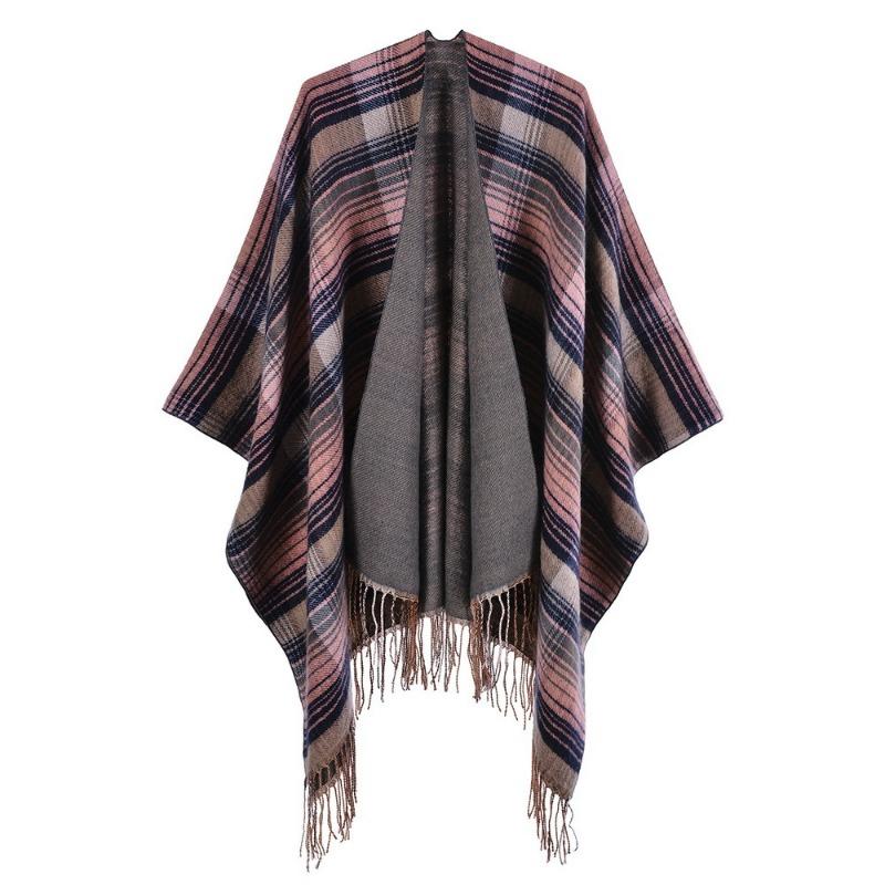Scottish Classic Plaid Tassel Thick Warm Split Shawl Cape