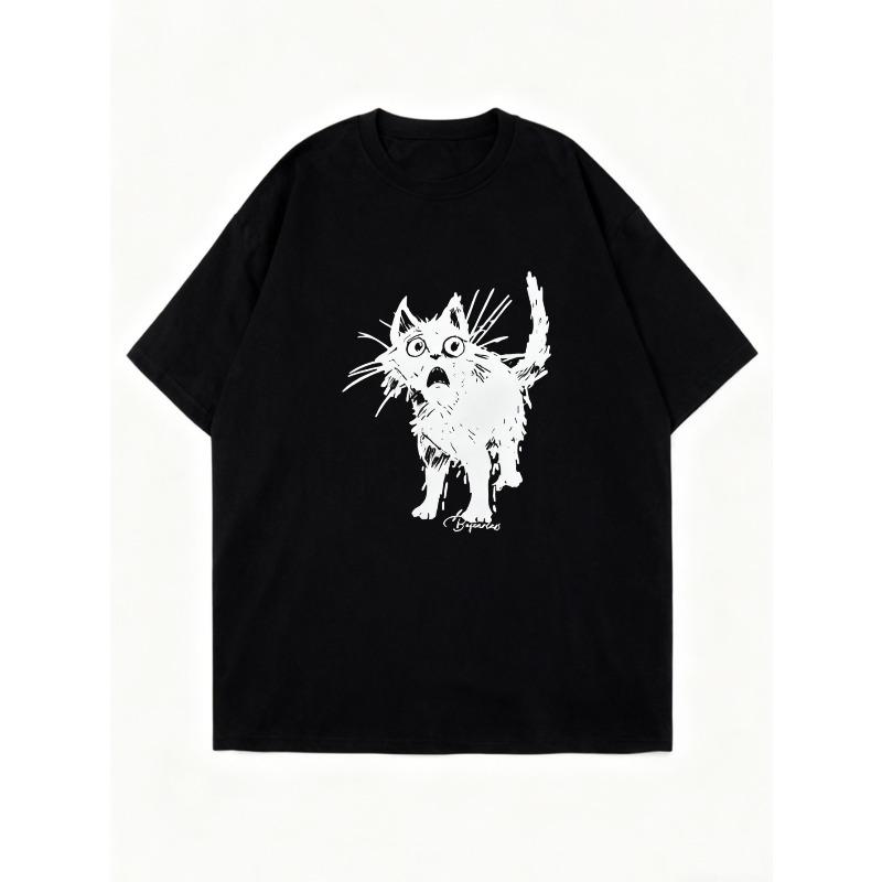 Oversized T Shirt Black Cat Graphic Print For Casual Wear