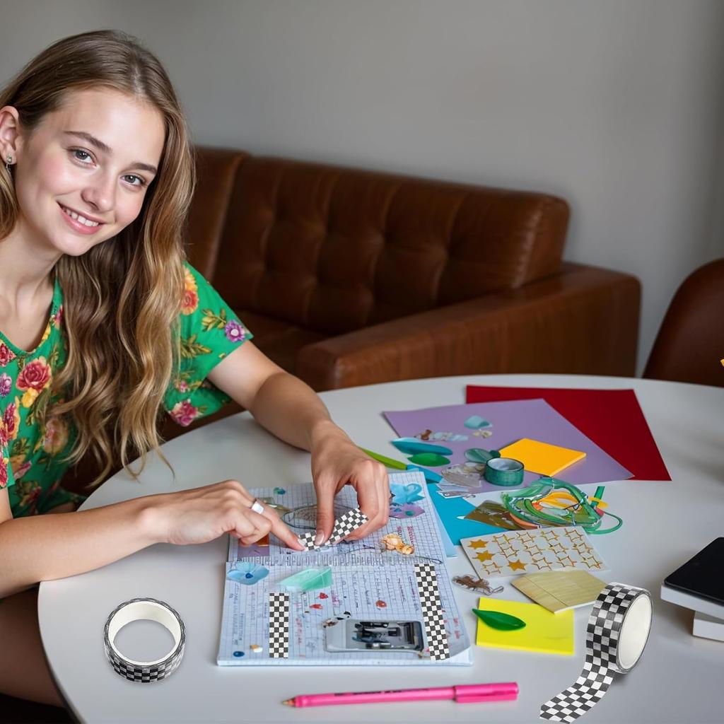 8 Rolls Plaid Washi Tapes, Black White Color Checkered Adhesive Masking Tape Classic Assorted Grid Decoration Stickers